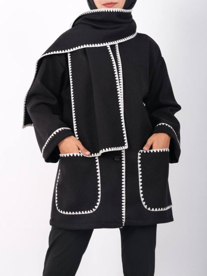 Önü Düğmeli Atkılı Cepli Ceket -Siyah