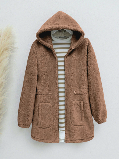 Beli Lastikli Kapşonlu Fermuarlı Peluş Mont   -Taba