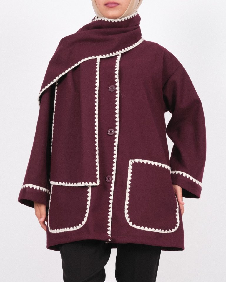 Önü Düğmeli Atkılı Cepli Ceket  -Bordo