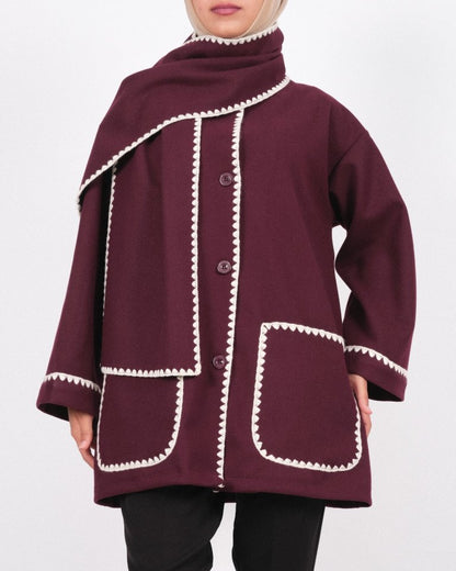 Önü Düğmeli Atkılı Cepli Ceket  -Bordo