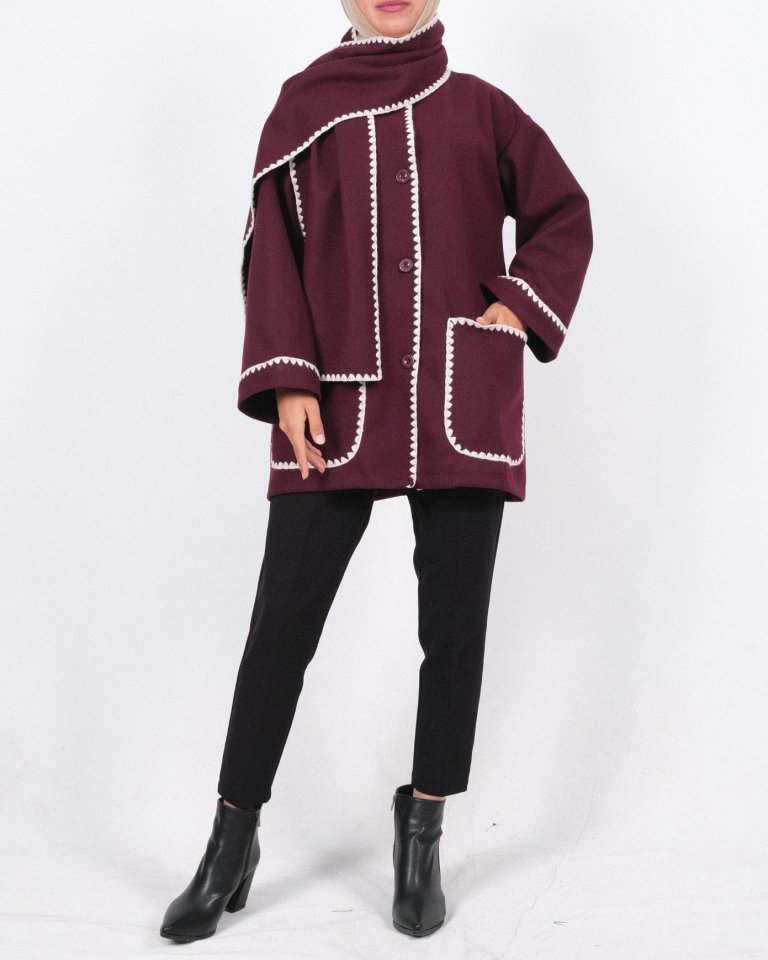 Önü Düğmeli Atkılı Cepli Ceket  -Bordo