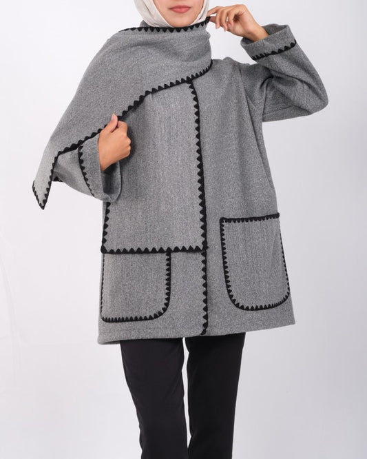 Önü Düğmeli Atkılı Cepli Ceket  -Gri