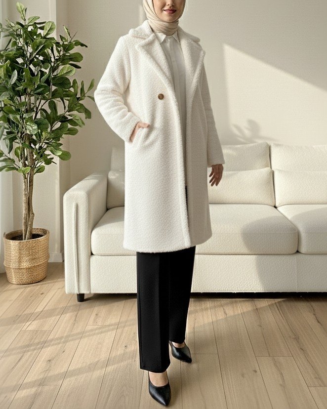 Çift Düğmeli Astarlı Yan Cepli Peluş Kaban -Ekru