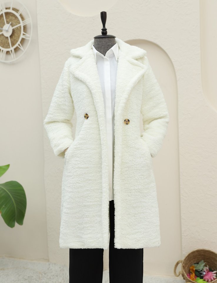 Çift Düğmeli Astarlı Yan Cepli Peluş Kaban -Ekru