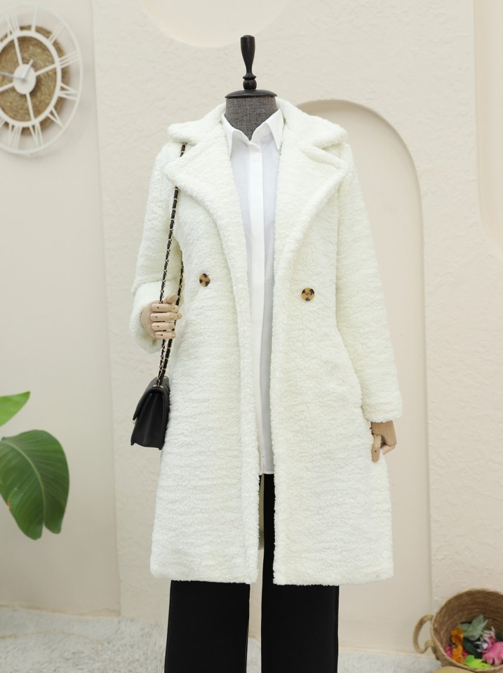 Çift Düğmeli Astarlı Yan Cepli Peluş Kaban -Ekru