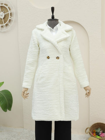 Çift Düğmeli Astarlı Yan Cepli Peluş Kaban -Ekru
