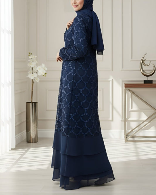 Pul Payetli Eteği Katlı Kemerli İkili Abaya -Laci