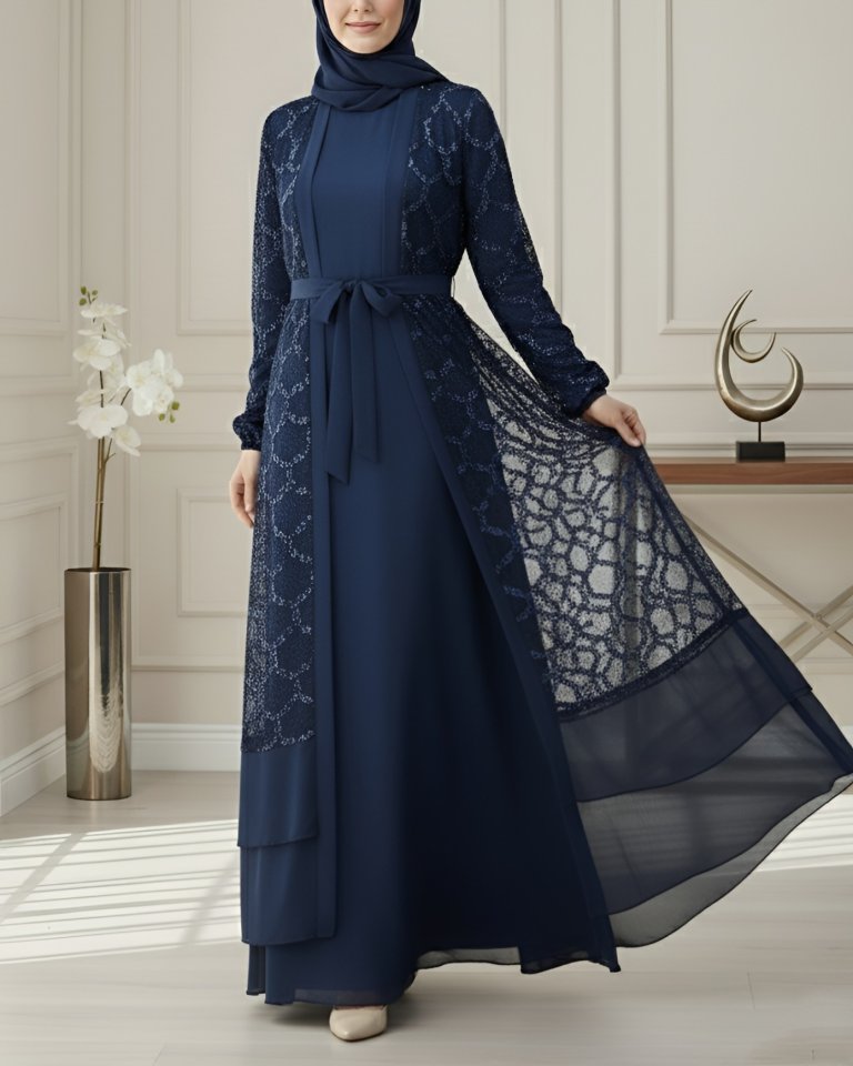 Pul Payetli Eteği Katlı Kemerli İkili Abaya -Laci