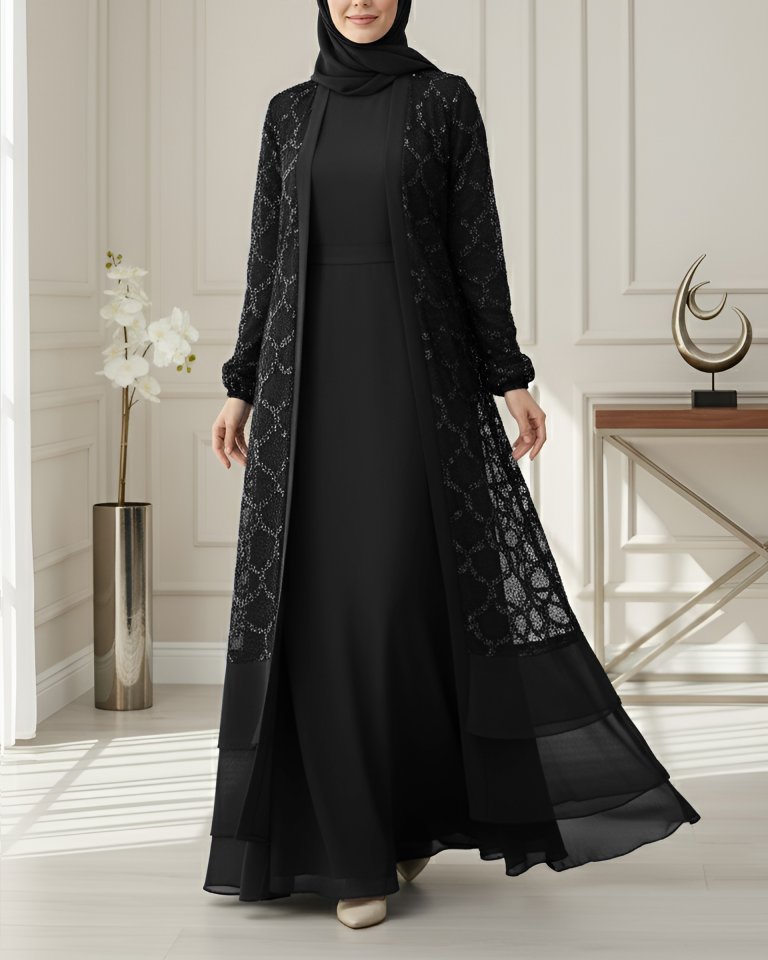 Pul Payetli Eteği Katlı Kemerli İkili Abaya -Siyah