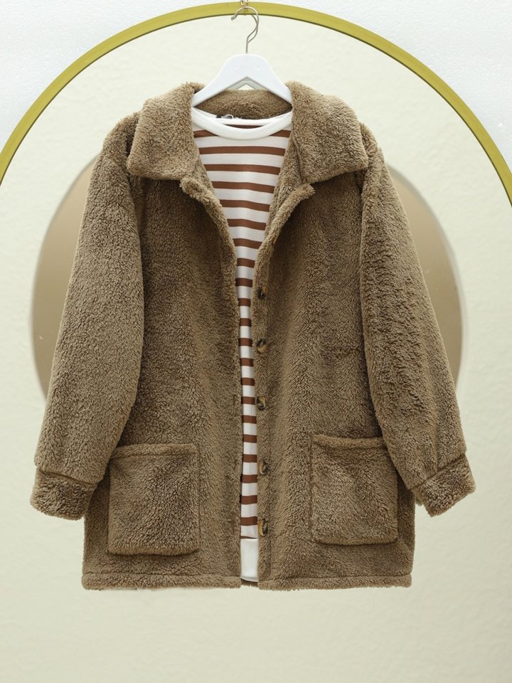 Boydan Düğmeli Cepli Pelüş Ceket -Kahve