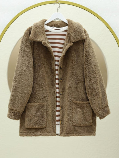 Boydan Düğmeli Cepli Pelüş Ceket -Kahve