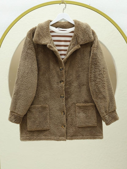 Boydan Düğmeli Cepli Pelüş Ceket -Kahve