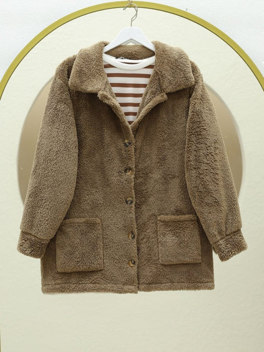 Boydan Düğmeli Cepli Pelüş Ceket -Kahve