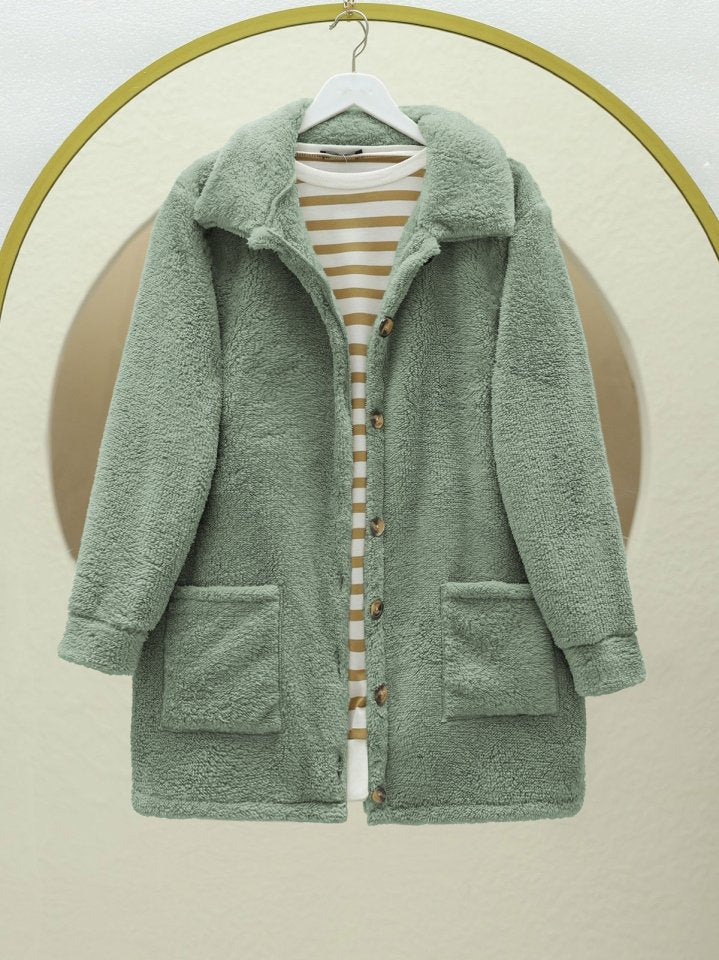 Boydan Düğmeli Cepli Pelüş Ceket    -Mint
