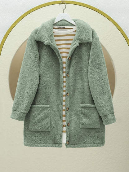Boydan Düğmeli Cepli Pelüş Ceket    -Mint