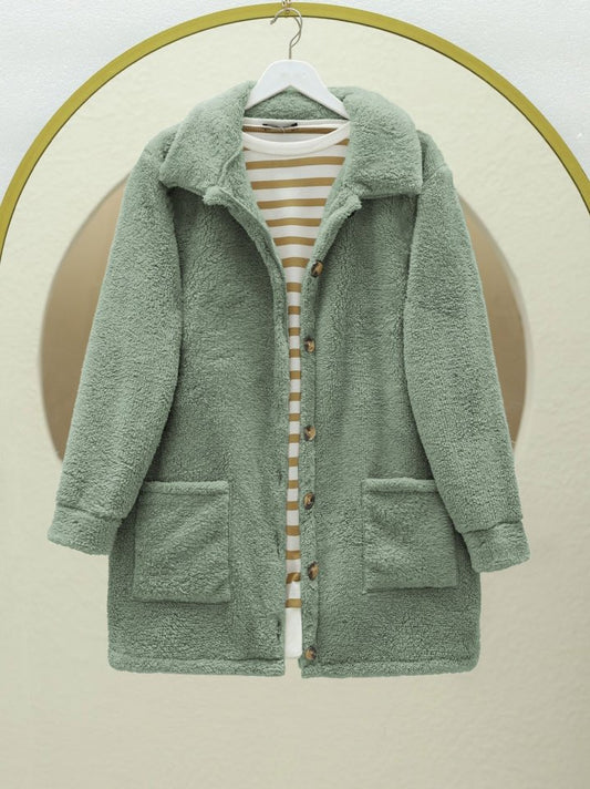 Boydan Düğmeli Cepli Pelüş Ceket    -Mint