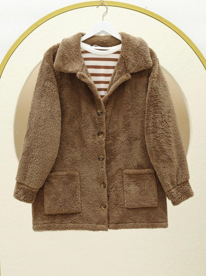 Boydan Düğmeli Cepli Pelüş Ceket    -Taba