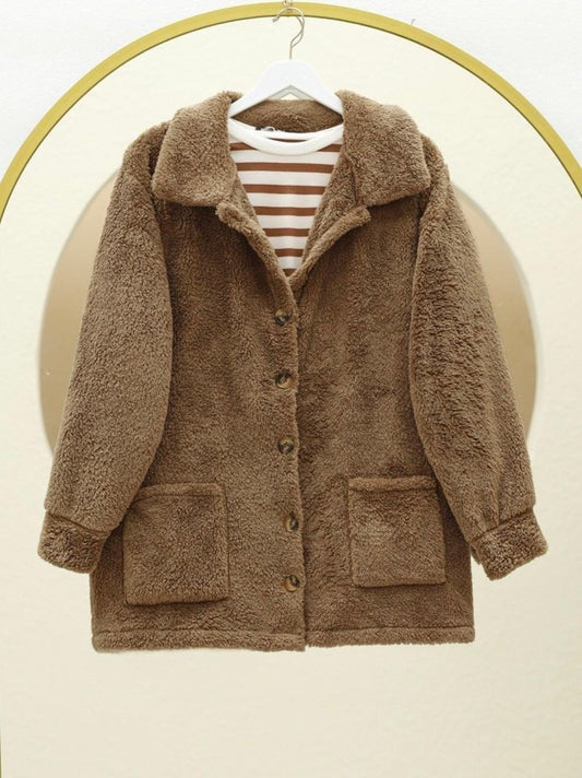 Boydan Düğmeli Cepli Pelüş Ceket    -Taba