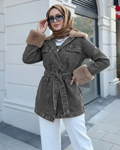 Yakası Ve Kolu Kürklü Önü Bağlamalı Cepli Kot Ceket  -Füme