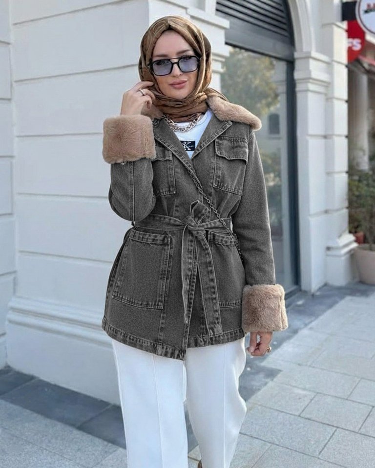 Yakası Ve Kolu Kürklü Önü Bağlamalı Cepli Kot Ceket  -Füme