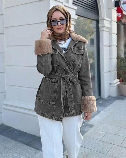 Yakası Ve Kolu Kürklü Önü Bağlamalı Cepli Kot Ceket  -Füme