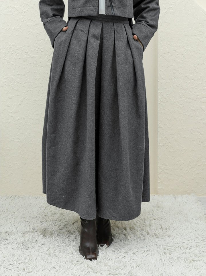 Pileli Fermuarlı Kaşe Etek   -Füme