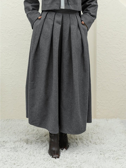 Pileli Fermuarlı Kaşe Etek   -Füme