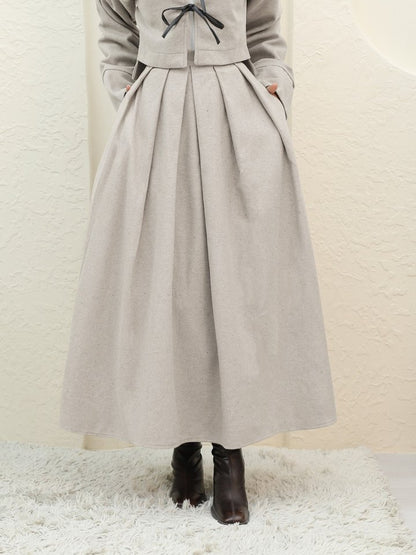 Pileli Fermuarlı Kaşe Etek   -Taş