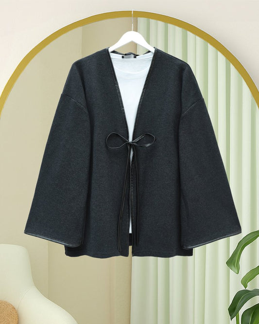 Önü Bağlamalı Deri Detaylı Salaş Kimono  -Antrasit