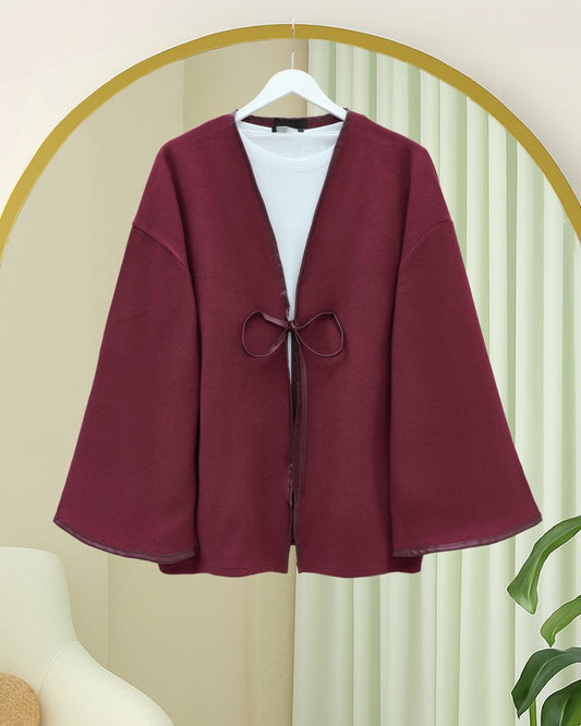 Önü Bağlamalı Deri Detaylı Salaş Kimono  -Bordo
