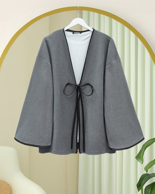 Önü Bağlamalı Deri Detaylı Salaş Kimono  -Gri
