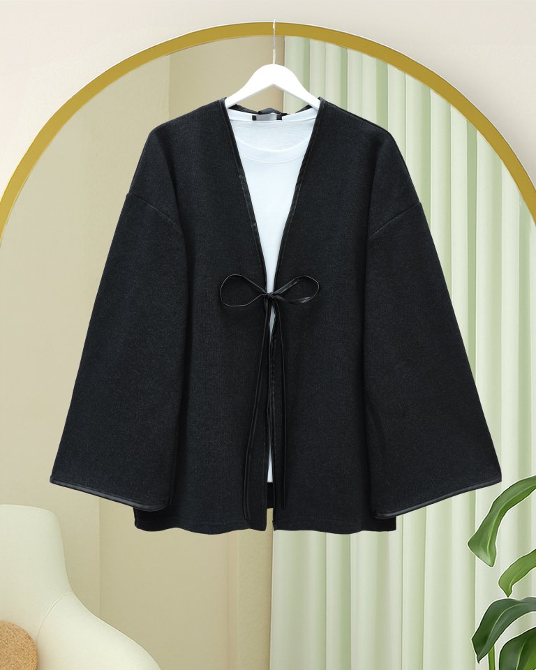 Önü Bağlamalı Deri Detaylı Salaş Kimono  -Siyah