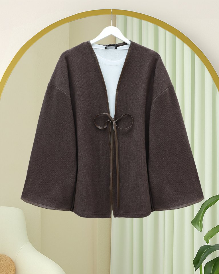 Önü Bağlamalı Deri Detaylı Salaş Kimono  -Toprak
