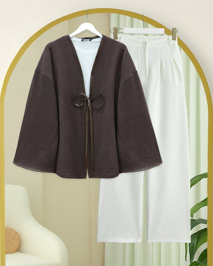 Önü Bağlamalı Deri Detaylı Salaş Kimono  -Toprak