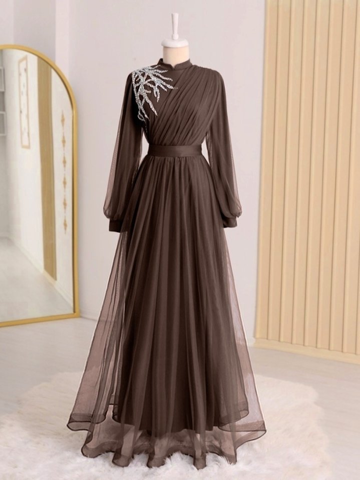 Önü Taş Detaylı Drapeli Kemerli Tül Abiye     -K. Kahve