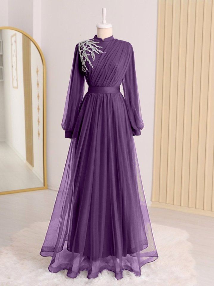 Önü Taş Detaylı Drapeli Kemerli Tül Abiye     -Mor