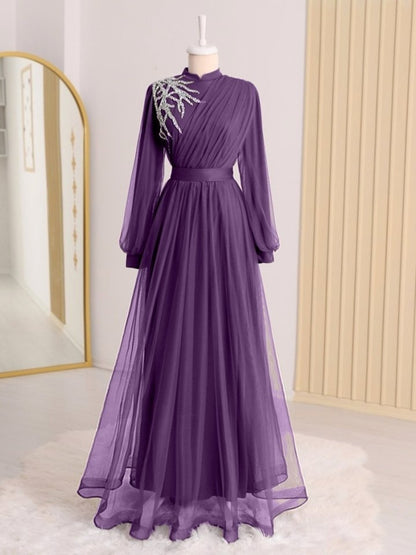 Önü Taş Detaylı Drapeli Kemerli Tül Abiye     -Mor