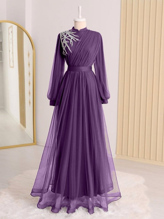 Önü Taş Detaylı Drapeli Kemerli Tül Abiye     -Mor