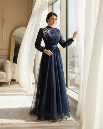 Önü Taş Detaylı Drapeli Kemerli Tül Abiye -Laci