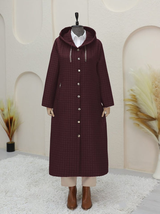 Yakası Zincir Detaylı Uzun Kapitone Kaban    -Bordo