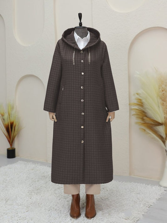 Yakası Zincir Detaylı Uzun Kapitone Kaban    -Toprak