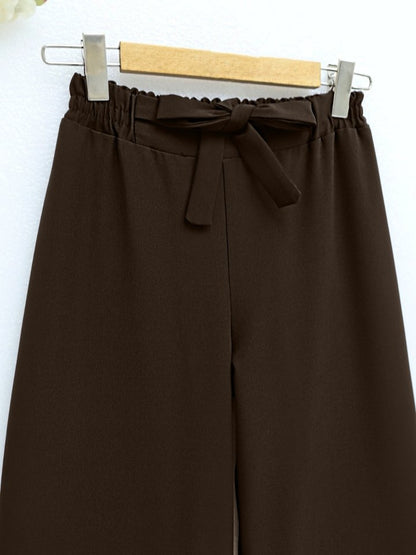 Duble Kumaş Beli Kuşaklı Bol Paça Pantolon  -Kahve