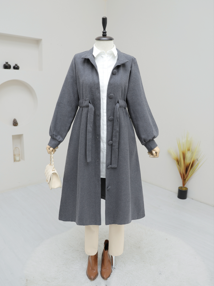 Belden Bağlamalı Top Düğmeli Kaşe Kaban -Füme