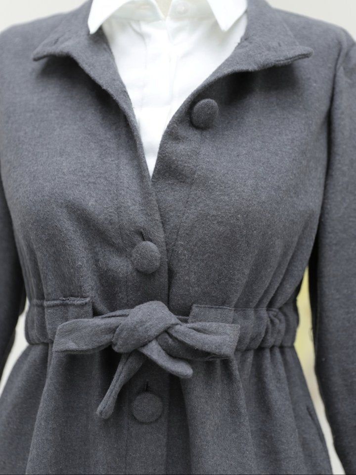 Belden Bağlamalı Top Düğmeli Kaşe Kaban -Füme