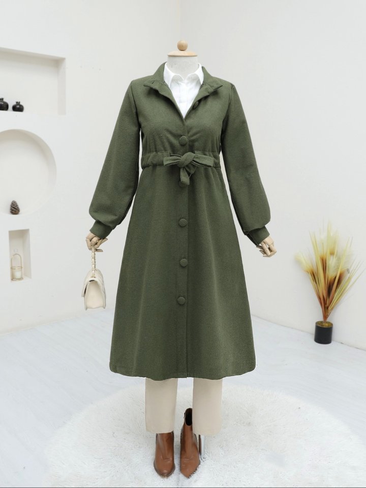 Belden Bağlamalı Top Düğmeli Kaşe Kaban -Haki