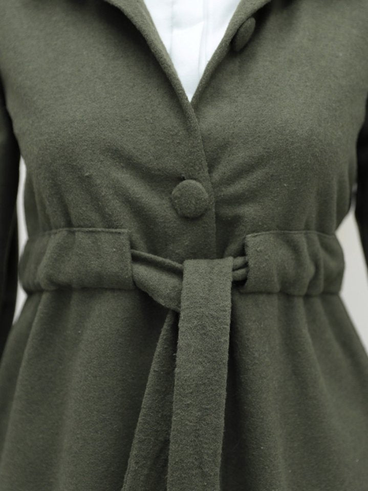 Belden Bağlamalı Top Düğmeli Kaşe Kaban -Haki