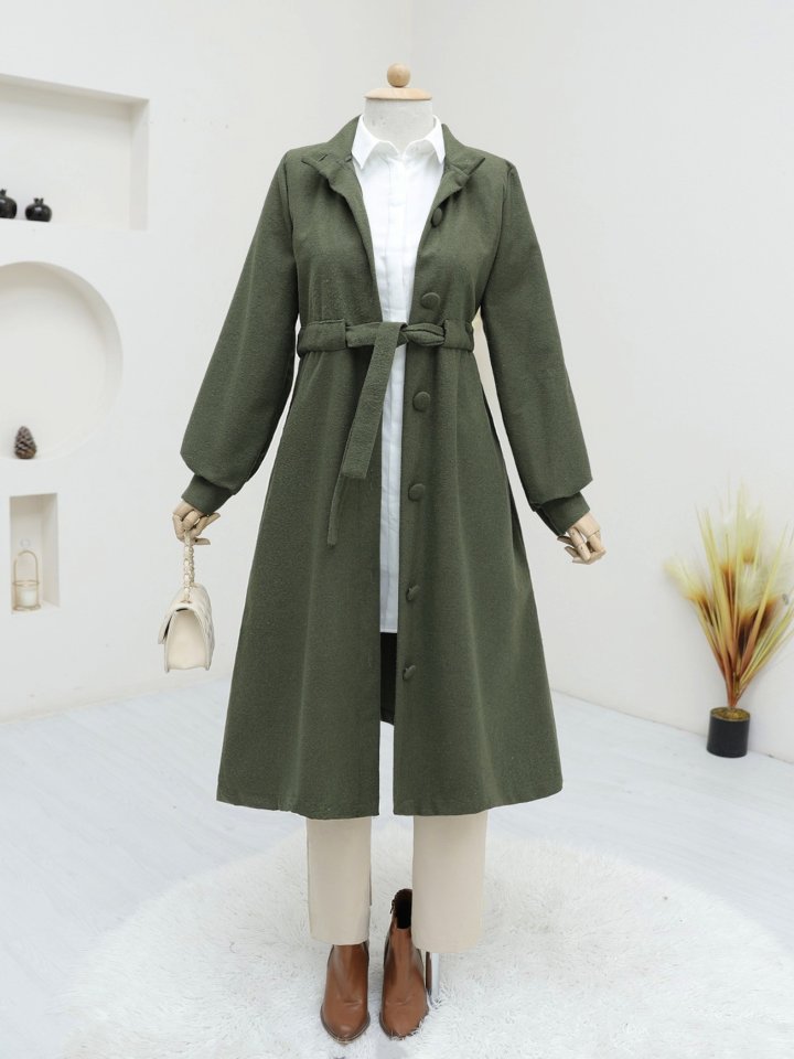 Belden Bağlamalı Top Düğmeli Kaşe Kaban -Haki