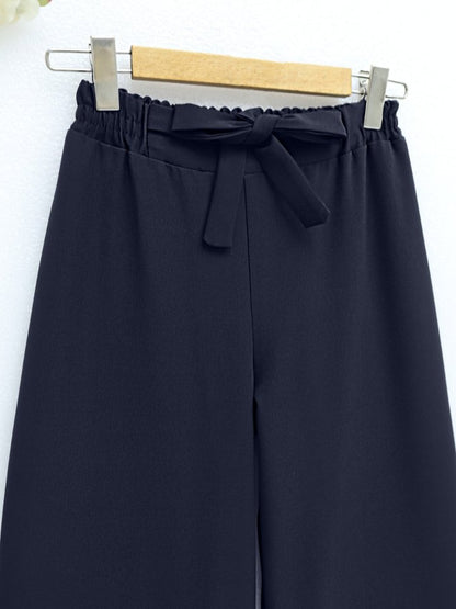Duble Kumaş Beli Kuşaklı Bol Paça Pantolon -Laci