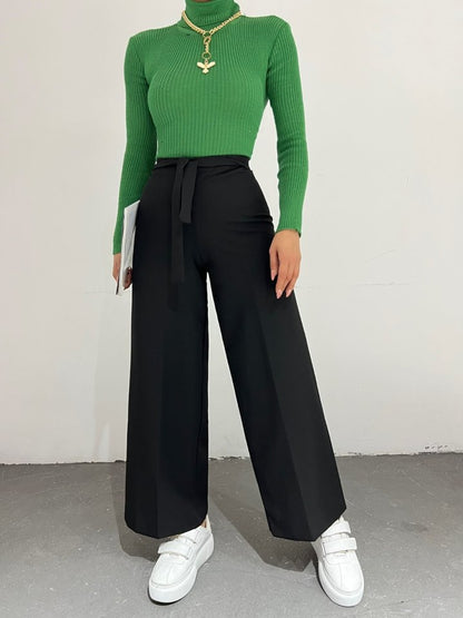 Duble Kumaş Beli Kuşaklı Bol Paça Pantolon -Siyah