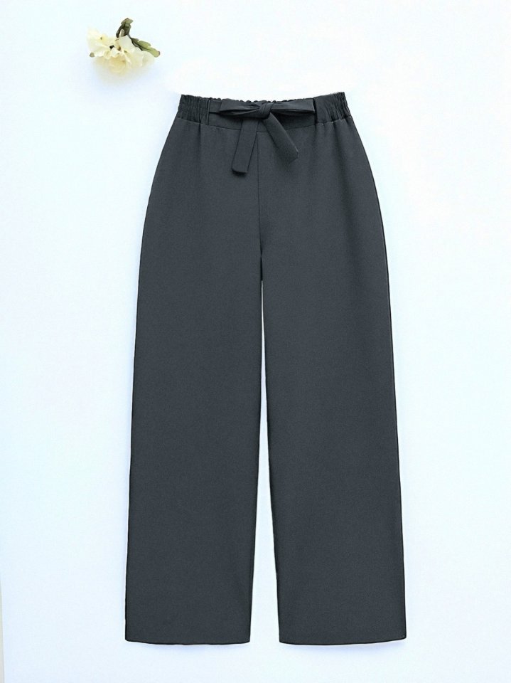 Duble Kumaş Beli Kuşaklı Bol Paça Pantolon    -Füme